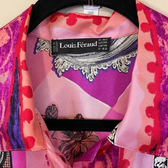 Louis Feraud 80s Vintage Pink 100% Silk Belted Sun Statue Print Dress 10 - Picture 2 of 12